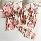 cheap Women&#039;s Sleepwear-Women&#039;s Lace Silk Satin Pajama Sets 5Pcs Cami Top Nightgown Lace Night Robe Sexy Sleepwear Robe Sets Nightdress With Chest Pads Home Outfits