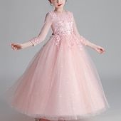 preiswerte Kleider für die Blumenmädchen-kinderkleidung Mädchen Blumenmädchen Kleid Kleid Blumen Langarm Hochzeit Party Gitter Kuschelig Polyester Maxi Tüll-Kleid Blumenmädchenkleid Weiß Rosa Gold