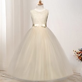 preiswerte Kleider für die Blumenmädchen-kinderkleidung Mädchen Blumenmädchen Kleid Kleid Ärmellos Hochzeit Party Spitze Gitter Kuschelig Polyester Maxi Blumenmädchenkleid Buntes Lila Farbpulver Weiß
