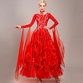 voordelige Ballroom danskleding-Ballroomdansen Kleding Borduurwerk Appliqués Kristallen / Bergkristallen Dames Opleiding Prestatie Lange mouw Organza Synthetische zijde