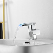 お買い得  クラシカル-浴室の流しの蛇口、導かれた滝の温度によって制御される 3 色の電気めっきされたセンターセットの単一のハンドル 1 つの穴の浴室の蛇口