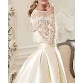 abordables robes de mariée décontractées-Robe de mariage vintage 1940s  1950s formelle A-Line en satin avec illusions manches longues longueurs au sol avec plis et perles