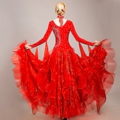 voordelige Ballroom danskleding-Ballroomdansen Kleding Borduurwerk Appliqués Kristallen / Bergkristallen Dames Opleiding Prestatie Lange mouw Organza Synthetische zijde