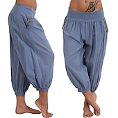 levne Hladké bavlněné plátěné kalhoty-dámské kalhoty na jógu boční kapsy harémové kalhoty capri kalhoty spodky rychleschnoucí odvod vlhkosti lehký hippie boho světle modrý mandarinkový prášek bílý fitness posilovna cvičení pilates léto
