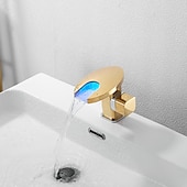 お買い得  クラシカル-浴室の流しの蛇口、導かれた滝の温度によって制御される 3 色の電気めっきされたセンターセットの単一のハンドル 1 つの穴の浴室の蛇口
