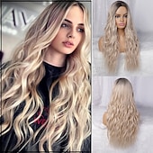 economico Parrucche sintetiche-parrucche grigie per le donne parrucche sintetiche lunghe ondulate parrucche ondulate lunghe d&#039;acqua parrucche ombre grigio biondo rosso parte centrale parrucche cosplay parrucche per feste di natale