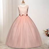 preiswerte Kleider für die Blumenmädchen-kinderkleidung Mädchen Blumenmädchen Kleid Kleid Einfarbig Ärmellos Hochzeit Party Spitze Gitter Kuschelig Polyester Maxi Blumenmädchenkleid Sommer 4-13 Jahre Buntes Lila Farbpulver Weiß