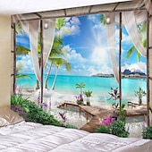 Недорогие Тапестри́ на океа́нском пляже-Window Landscape Wall Tapestry Art Decor Blanket Curtain Hanging Home Bedroom Living Room Decoration Coconut Tree Sea Ocean Beach