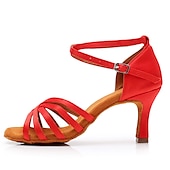 abordables Chaussures de danses latines-Chaussures de danse latine à talons en satin pour femmes – Chaussures de salsa à lanières avec bride à la cheville pour les performances et les entraînements