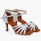 abordables Chaussures de danses latines-Chaussures de danse latine à talons en satin pour femmes – Chaussures de salsa à lanières avec bride à la cheville pour les performances et les entraînements