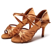 abordables Chaussures de danses latines-chaussures à talons de danse latine à lanières en satin pour femmes avec semelle en daim souple - chaussures de spectacle de salle de bal