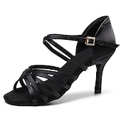 abordables Chaussures de danses latines-chaussures à talons de danse latine à lanières en satin pour femmes avec semelle en daim souple - chaussures de spectacle de salle de bal