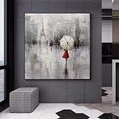 abordables Pinturas de paisajes-pintura al óleo de gran tamaño 100% hecho a mano arte de pared pintado a mano sobre lienzo torre eiffel mujeres sostienen un paraguas decoración moderna contemporánea decoración del hogar lienzo