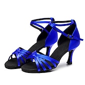 abordables Chaussures de danses latines-Chaussures de danse latine à talons en satin pour femmes – Chaussures de salsa à lanières avec bride à la cheville pour les performances et les entraînements