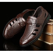 voordelige Jurk sandalen-Bruine, ademende sandalen met gesloten neus van imitatieleer voor heren – casual instapschoenen met uitsparingen voor zomerse wandelingen, dagelijks gebruik en buitenactiviteiten