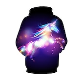 preiswerte Mädchen 3D Cartoon-Kinder Mädchen Kapuzenpullover Langarm Pferd 3D-Druck Grafik Sternenklarer Himmel Tier Druck Regenbogen Kinder Oberteile Aktiv Fantasie Schulanfang 3-12 Jahre