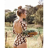 abordables Lycra de surf-Femme Maillot de bain 1 pièce Noué Le Maillot de corps Maillot de bain Floral Maillots de Bain Café Protection solaire UV Respirable Séchage rapide Manches Longues - Natation Surf Plage Automne / Eté