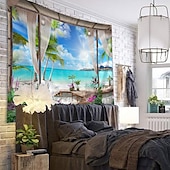 Недорогие Тапестри́ на океа́нском пляже-Window Landscape Wall Tapestry Art Decor Blanket Curtain Hanging Home Bedroom Living Room Decoration Coconut Tree Sea Ocean Beach