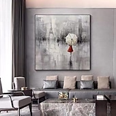 abordables Pinturas de paisajes-pintura al óleo de gran tamaño 100% hecho a mano arte de pared pintado a mano sobre lienzo torre eiffel mujeres sostienen un paraguas decoración moderna contemporánea decoración del hogar lienzo