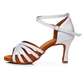 abordables Chaussures de danses latines-Chaussures de danse latine à talons en satin pour femmes – Chaussures de salsa à lanières avec bride à la cheville pour les performances et les entraînements