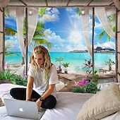 Недорогие Тапестри́ на океа́нском пляже-Window Landscape Wall Tapestry Art Decor Blanket Curtain Hanging Home Bedroom Living Room Decoration Coconut Tree Sea Ocean Beach