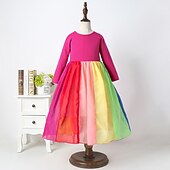 tanie Casualowe sukienki-Brzdąc Dla dziewczynek Sukienka Kolorowy blok Tęczowy Długi rękaw Ślub Rocznica Prezenty bożonarodzeniowe Niejednolita całość Elegancja Boho Piękny Bawełna Poliester Maxi Sukienka tiulowa Jesień Zima
