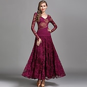 cheap Ballroom Dancewear-Ballroom Dance Dress Ruching Split Joint Women&#039;s Performance Training Long Sleeve Natural Lace Milk Fiber
