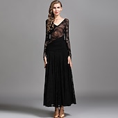 cheap Ballroom Dancewear-Ballroom Dance Dress Ruching Split Joint Women&#039;s Performance Training Long Sleeve Natural Lace Milk Fiber