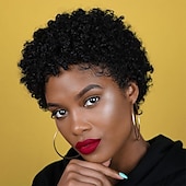 economico Parrucche di capelli veri senza cuffia-parrucca di capelli umani di remy taglio pixie per le donne nere breve afro ricci capelli brasiliani parrucca a buon mercato senza cappuccio parrucca di capelli umani nero naturale # 1b per la festa