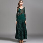 cheap Ballroom Dancewear-Ballroom Dance Dress Ruching Split Joint Women&#039;s Performance Training Long Sleeve Natural Lace Milk Fiber