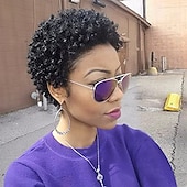 economico Parrucche di capelli veri senza cuffia-parrucca di capelli umani di remy taglio pixie per le donne nere breve afro ricci capelli brasiliani parrucca a buon mercato senza cappuccio parrucca di capelli umani nero naturale # 1b per la festa