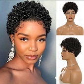 economico Parrucche di capelli veri senza cuffia-parrucca di capelli umani di remy taglio pixie per le donne nere breve afro ricci capelli brasiliani parrucca a buon mercato senza cappuccio parrucca di capelli umani nero naturale # 1b per la festa