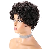 economico Parrucche di capelli veri senza cuffia-parrucca di capelli umani di remy taglio pixie per le donne nere breve afro ricci capelli brasiliani parrucca a buon mercato senza cappuccio parrucca di capelli umani nero naturale # 1b per la festa
