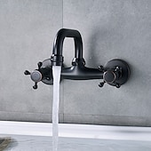 abordables mural-Robinet mitigeur mural pour évier de salle de bain, robinets de lavabo vintage à 2 poignées et 3 trous avec tuyau d&#039;eau chaude froide, robinets de vasque mono lavabo montés sur le pont en bronze huilé