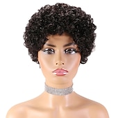 economico Parrucche di capelli veri senza cuffia-parrucca di capelli umani di remy taglio pixie per le donne nere breve afro ricci capelli brasiliani parrucca a buon mercato senza cappuccio parrucca di capelli umani nero naturale # 1b per la festa