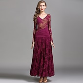 cheap Ballroom Dancewear-Ballroom Dance Dress Ruching Split Joint Women&#039;s Performance Training Long Sleeve Natural Lace Milk Fiber