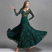 cheap Ballroom Dancewear-Ballroom Dance Dress Ruching Split Joint Women&#039;s Performance Training Long Sleeve Natural Lace Milk Fiber