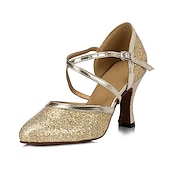 voordelige Ballroomschoenen &amp; moderne dansschoenen-zilveren glitter dansschoenen met kruisband en gesp detail – comfortabele ballroom en latin dans hakken voor vrouwen