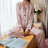 billige Nattøy for damer-kvinners gave pyjamassett hjemmefest daglig basis ren farge sateng enkel tilfeldig myk skjorte bukse høst vår sommer skjorte krage langermet lang bukse spenne lomme hjemmeantrekk