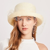 billige Partyhatter-Hatter Hodebekledning Stråhatter Tyll Strå Bøttehatt Stråhatt Solhatt Uformell Ferie Melbourne Cup Cocktail Royal Ascot Vintage Stil Med Fjær Applikasjoner Hodepryd Racedag Kjole