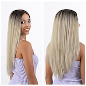 baratos Perucas de festa-Perucas azuis para mulheres peruca sintética reta natural peruca de parte do meio de comprimento médio A15 A16 A17 A18 A19 cabelo sintético perucas de festa de Halloween azul e branca