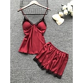 cheap Women&#039;s Sleepwear-Women&#039;s Lace Satin Silk Pajamas Sets 4 Pcs Home Party Daily Elastic Waist Pure Color Satin Simple Casual Soft Strap Top Shorts Fall Winter Spring Strap Short Sleeves Long Sleeve Home Outfits
