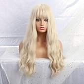 levne Párty paruky-Blond paruky pro ženy syntetická paruka hluboká vlnitá úhledná třásňová paruka střední délka syntetické vlasy pro ženy cosplay párty móda blond halloween paruky