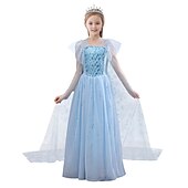 abordables Robes féeriques-enfants filles congelés elsa princesse costumes robe flocon de neige fleur tulle robe fête d&#039;anniversaire paillettes patchwork pleine longueur bleu maxi manches courtes élégant cosplay robes coupe régulière