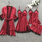 cheap Women&#039;s Sleepwear-Women&#039;s Lace Satin Silk Pajamas Sets 4 Pcs Home Party Daily Elastic Waist Pure Color Satin Simple Casual Soft Strap Top Shorts Fall Winter Spring Strap Short Sleeves Long Sleeve Home Outfits