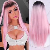 billige Syntetiske trendy parykker-grå parykker for kvinner syntetisk parykk naturlig rett midtdel parykk langt syntetisk hår dame cosplay midtparti svart hvit 26 tommers julefestparykker