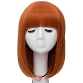 voordelige Feestpruiken-Vrouwen Oranje Korte Cosplay Pruik met Pony Bob Haarstijl Hittebestendige Vezel Synthetische Rechte Haar Halloween Pruiken