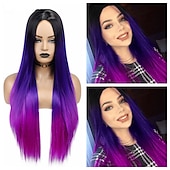 baratos Perucas de festa-Perucas azuis para mulheres peruca sintética reta natural peruca de parte do meio de comprimento médio A15 A16 A17 A18 A19 cabelo sintético perucas de festa de Halloween azul e branca