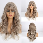 levne Párty paruky-Blond paruky pro ženy syntetická paruka hluboká vlnitá úhledná třásňová paruka střední délka syntetické vlasy pro ženy cosplay párty móda blond halloween paruky