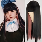 お買い得  トレンドの合成ウィッグ-女性用ピンクウィッグ合成ウィッグナチュラルストレートニートバングウィッグ24インチa15a16 a17 a18a19人工毛女性のコスプレパーティーファッションブラックピンク